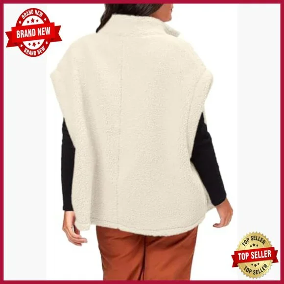 Oversized Fleece Sherpa Vest with Pockets, Button Down, Thigh Length - Picture 5 of 7